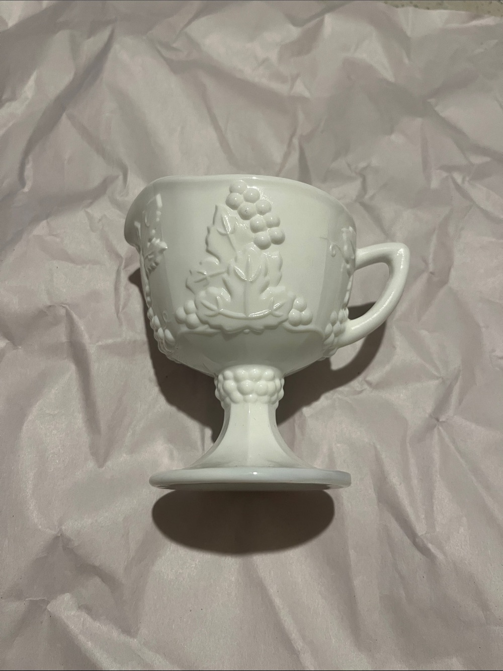 White Goblet-Style Milk Glass Mug with Grape Relief